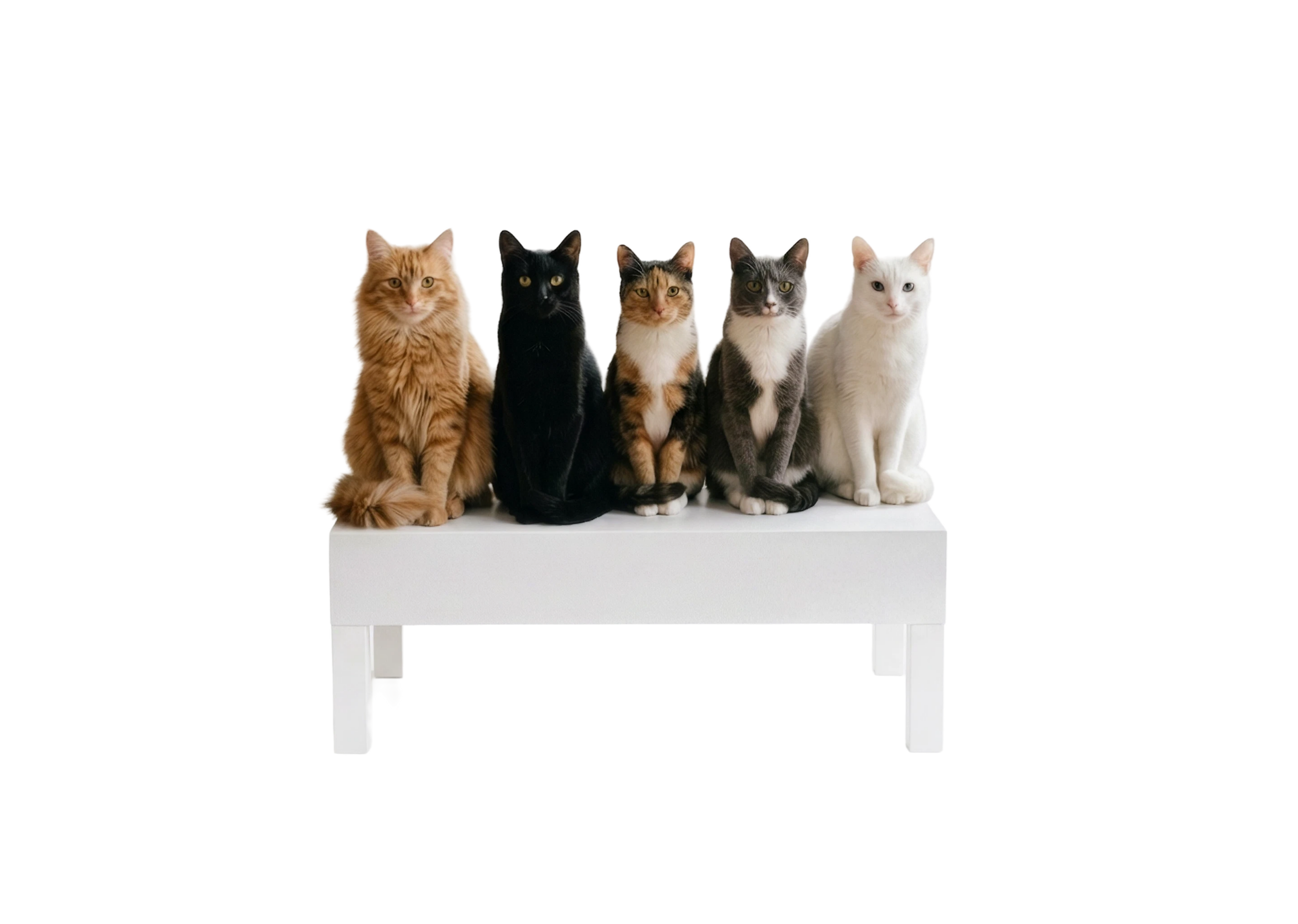Five cats sitting in a row