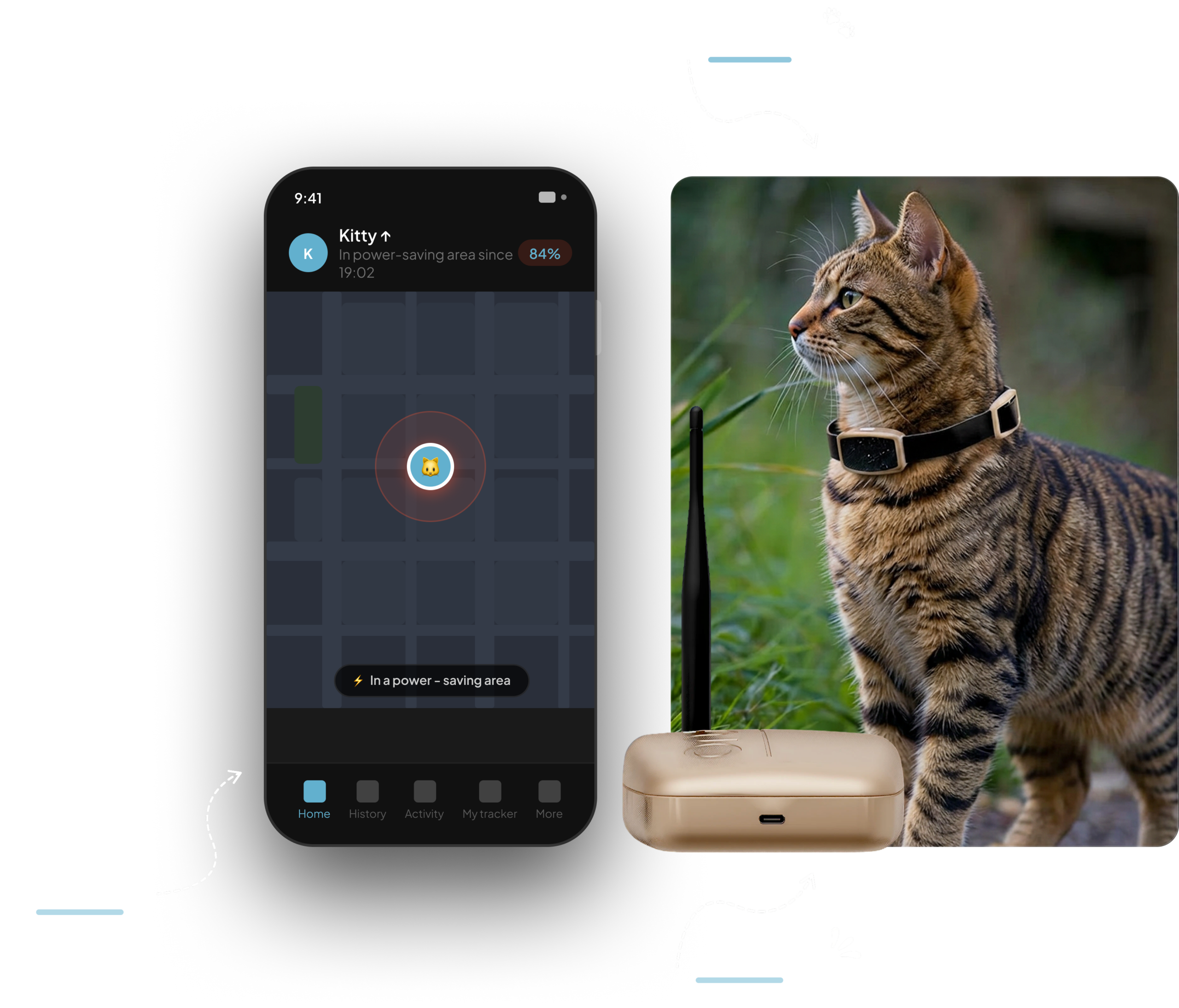 The Onimo app, the Onimo S on a cat collar and the Onimo Hub