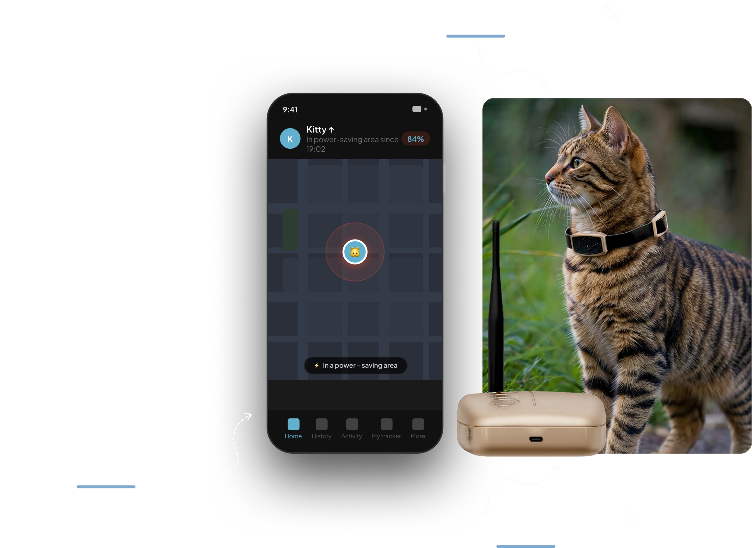 The Onimo app, the Onimo S on a cat collar and the Onimo Hub