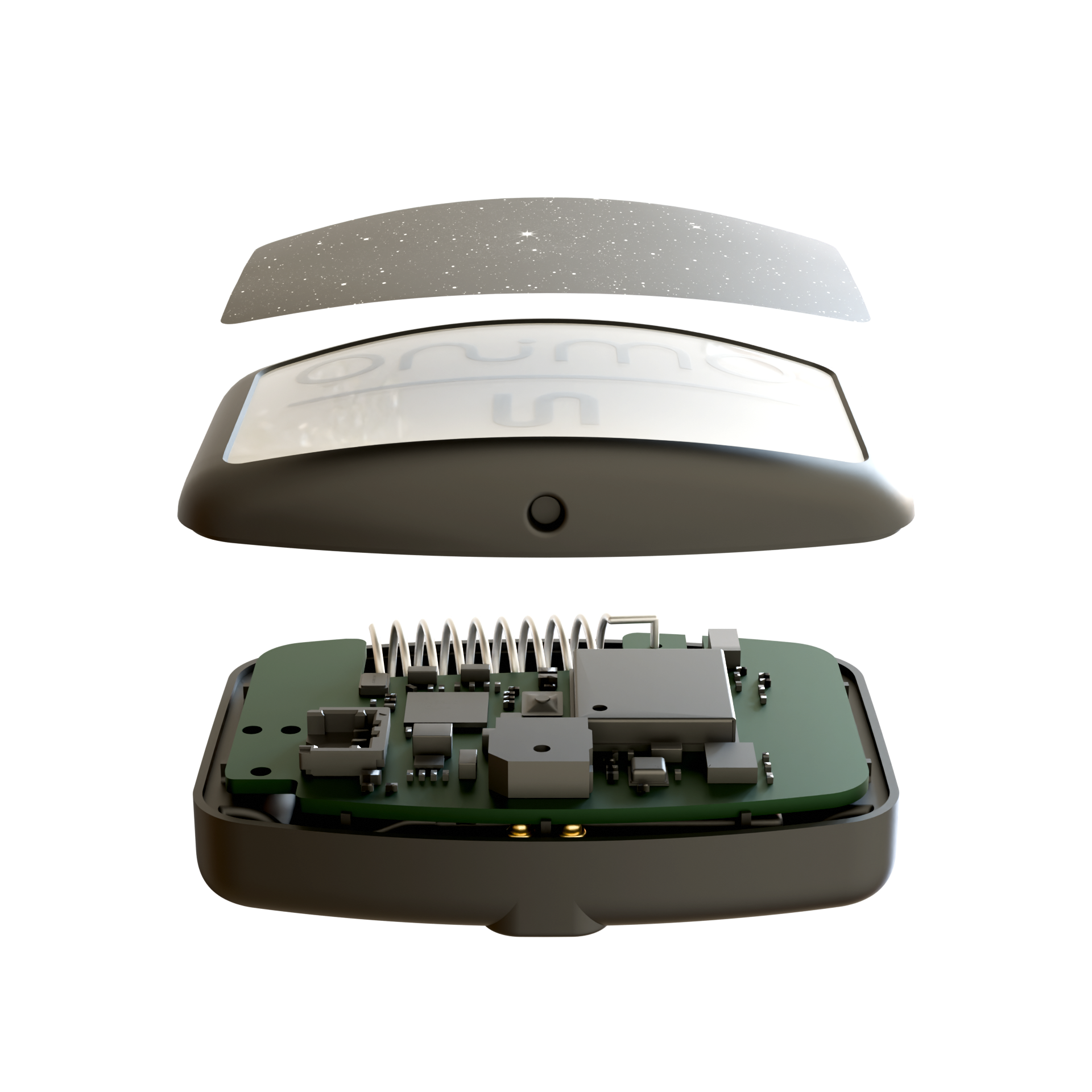 Onimo S exploded view: sticker, translucent top shell and circuit board